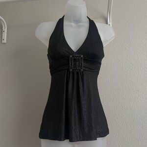 Y2K Clubwear Fashion Magazine Black Shimmer Halter Top Buckle Empire Waist S